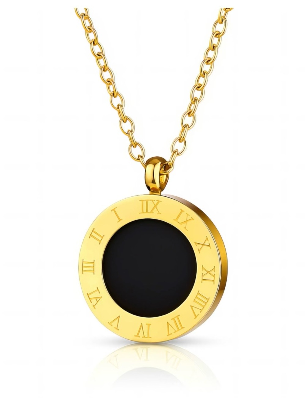 Gold and Black Roman Numeral Round Pendant Necklace